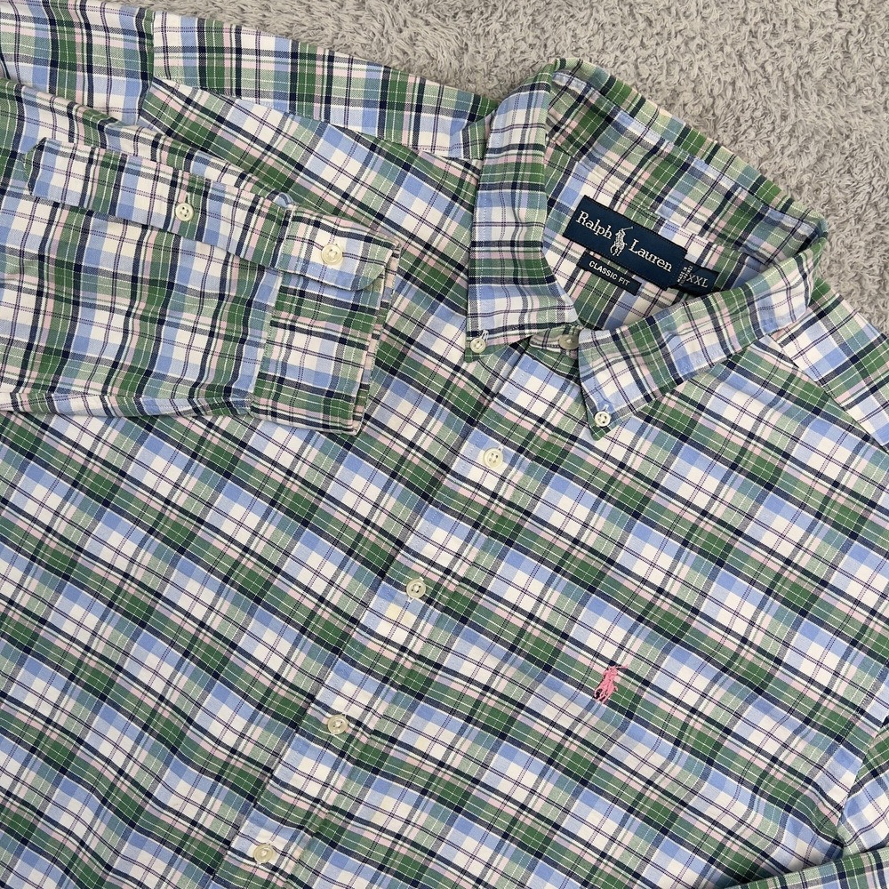 Ralph Lauren Shirt Mens 2XL Green Blue Plaid Button Down Classic Fit Cotton